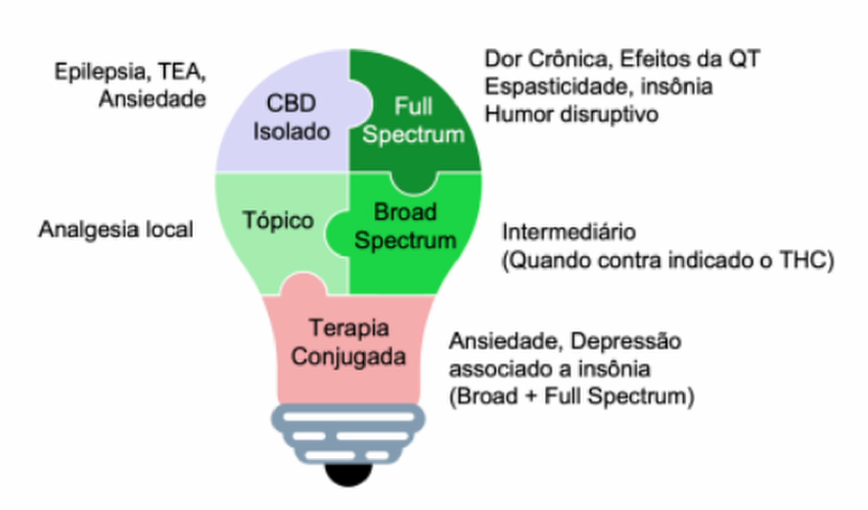 Infográfico ilustrando diferentes formulações canabinoides, incluindo CBD isolado, full spectrum, broad spectrum, uso tópico e terapia conjugada.